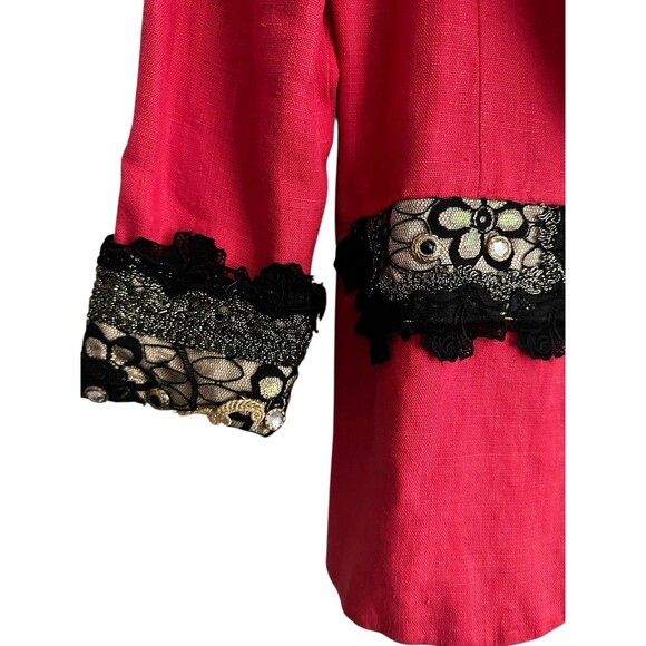 Vintage 80s/90s POPOF Linen Jacket Blazer Red, Black Lace, Padded, Gold Trim 5/6 - Picture 2 of 8